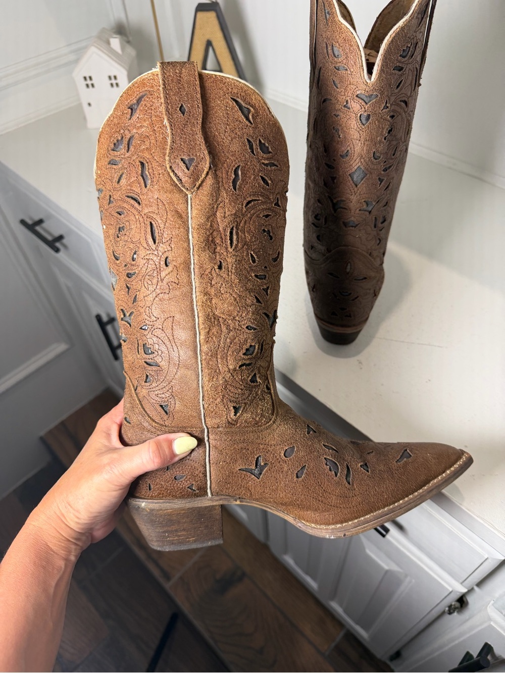 Laredo Womens 7M Brown Floral Cutout Cowboy Boots Tall Western Boho - Picture 7 of 9